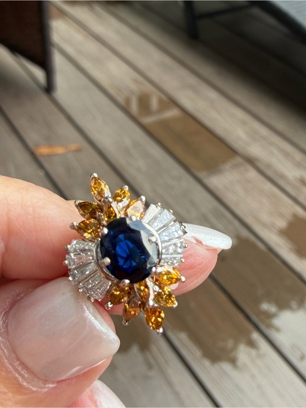 Vintage 18kWhite Gold Blue Sapphire Ring w/ Natural Orangey Diamonds & Baguett
